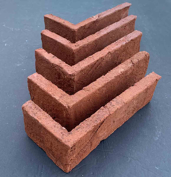 Modular Plain Thin Brick. Earthy Red Brick Veneer at 1/2" Thickness. Handcrafted Rustic Texture with Aged Edges.