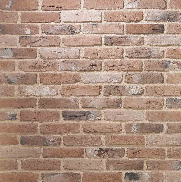 Renewed Antique Brick 2920. Aged Orange and Peach Thin Brick Veneer. 1/2″ Thickness. Copper Tones with Lime, Black, and Gray Stains for a Timeworn Finish.