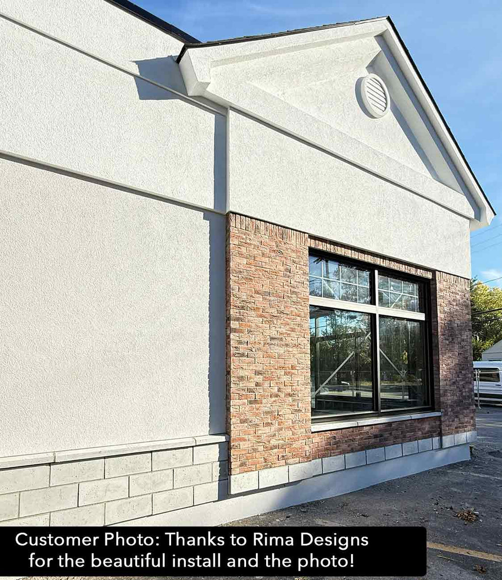 Aura Brick 1005. Earthy Toned Thin Brick Veneer with Peach Background. Half-Inch Thickness. Handcrafted Appearance with Worn Corners.
