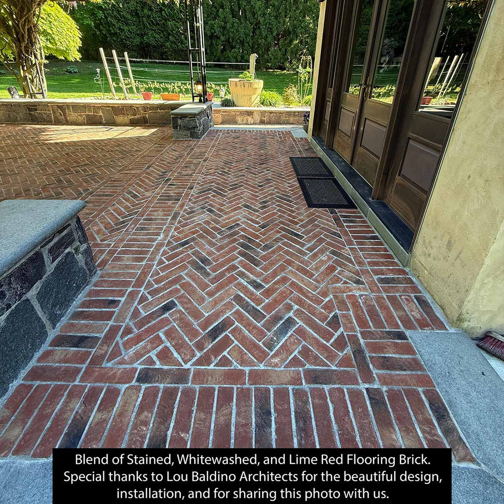 Lime Red Flooring Brick. Rich Red Base with Surface Lime Wash, Highlighting Earthy Tones and a Rustic, Distressed Texture. Brick Paver in 3/4″ Thickness.