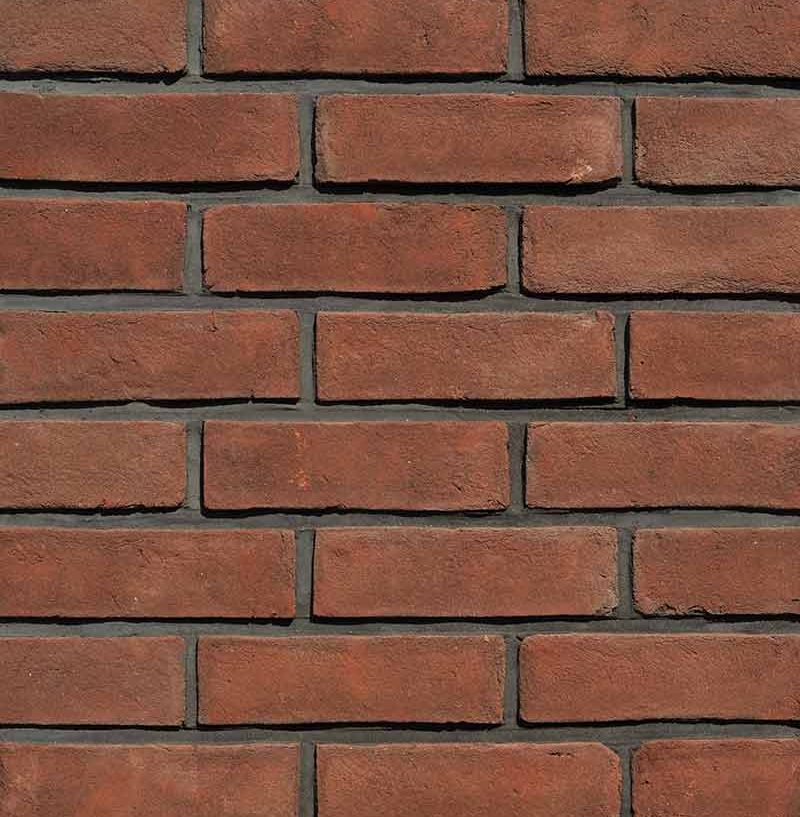 Modular Plain Thin Brick. Earthy Red Brick Veneer at 1/2" Thickness. Handcrafted Rustic Texture with Aged Edges.