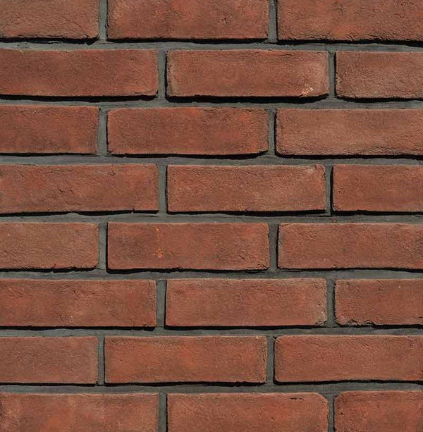 Modular Plain Thin Brick. Earthy Red Brick Veneer at 1/2" Thickness. Handcrafted Rustic Texture with Aged Edges.
