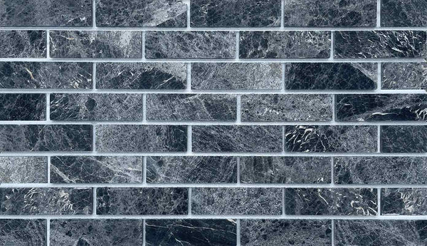 Marble Brick - Black. Deep Black and Blue Veins. Crisp, Square Edges. Thin Brick Veneer Sliced from Real Marble.