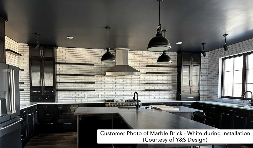 Marble Brick - White. Elegant Finish with Subtle Veining and Defined Corners. Thin Brick Veneer Sliced from Real Marble.