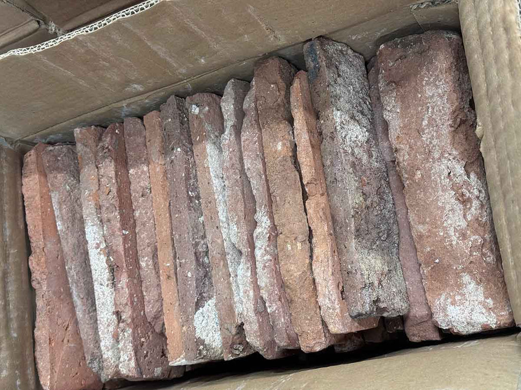 Real Reclaimed Thin Brick Veneer. Genuine Brick Slices from Historic Buildings. Naturally Weathered with Authentic Aged Character. Random Tones and Sizes.