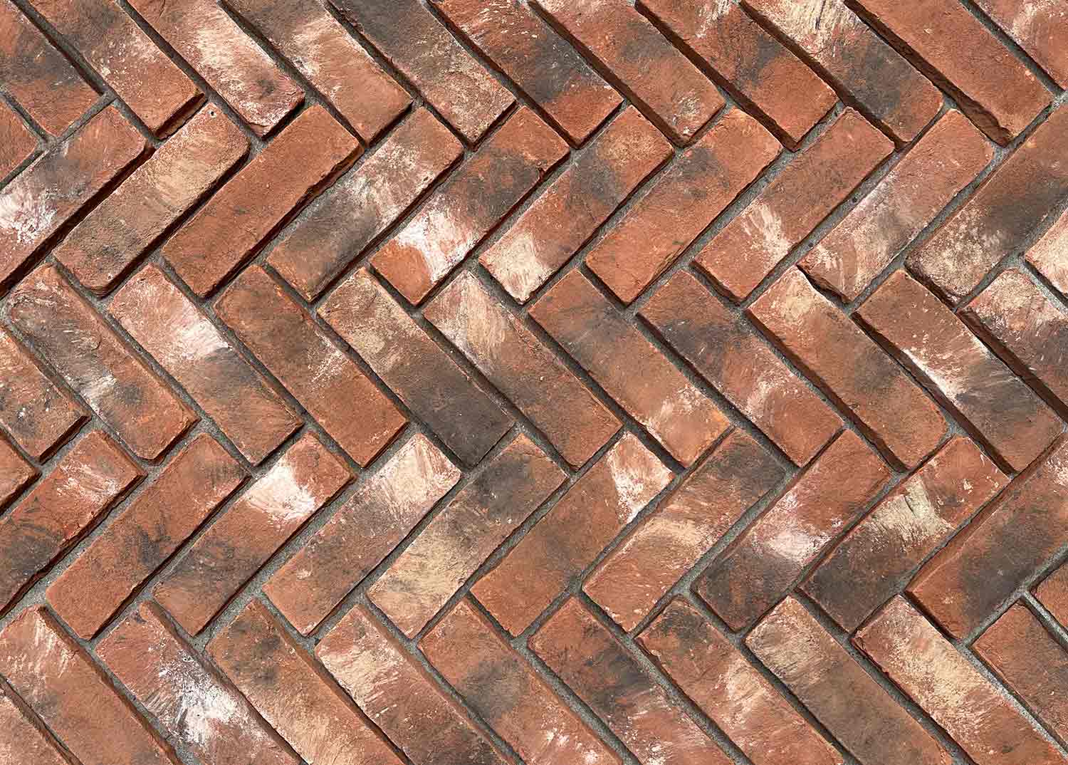 Stained Flooring Brick. 3/4″ Thick Brick Paver. Bold Red Tones Blended with White &amp; Charcoal Stains for a Timeworn Look, Adds Depth and Character to Surfaces.