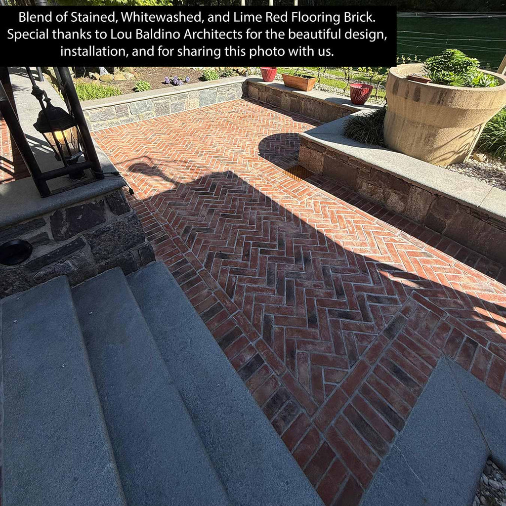 Whitewashed Flooring Brick. 3/4″ Thick Brick Paver. Warm Red Base with Soft Whitewashed Accents, Offering a Rustic, Aged Appearance with a Textured Finish.