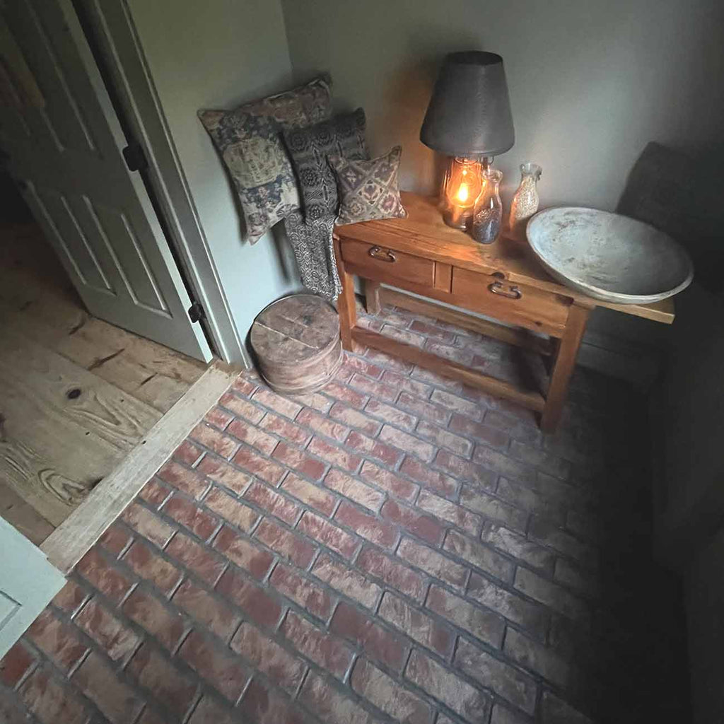 Whitewashed Flooring Brick. 3/4″ Thick Brick Paver. Warm Red Base with Soft Whitewashed Accents, Offering a Rustic, Aged Appearance with a Textured Finish.
